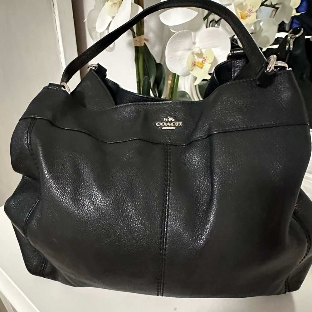 Coach Black Leather Shoulder Bag with Pebbled Texture